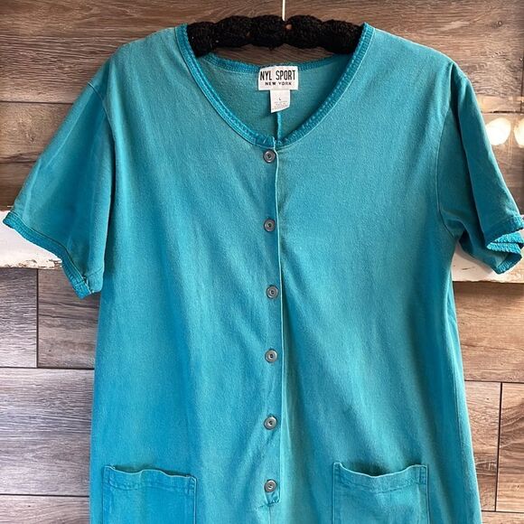 NYL SPORT New York Ladies Cotton Romper One Piece Shorts Button Front Large Teal - Picture 2 of 5